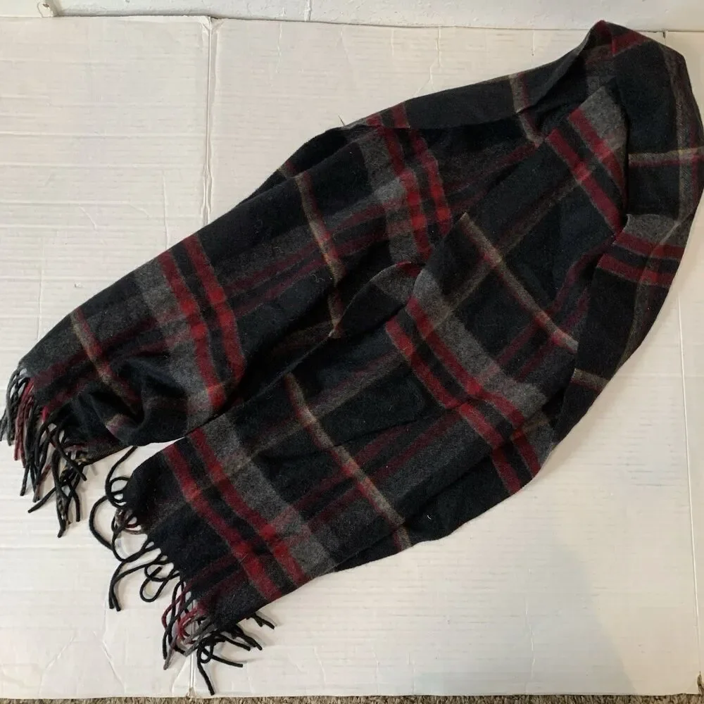 Adult Scarf 100% Cashmere Plaid‎ Black Red Holiday Festive 63” Long Tassel